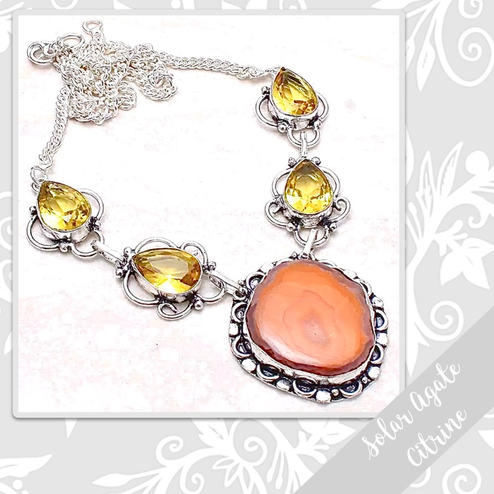 Solar Agate, Citrine Silver Eclectic Artisan Necklace, 18” (Orange, Yellow)